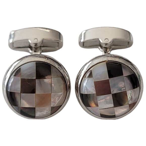 Egara Checker Shell Inlay Silver Tone Cufflinks, Signed E226 - Picture 1 of 9